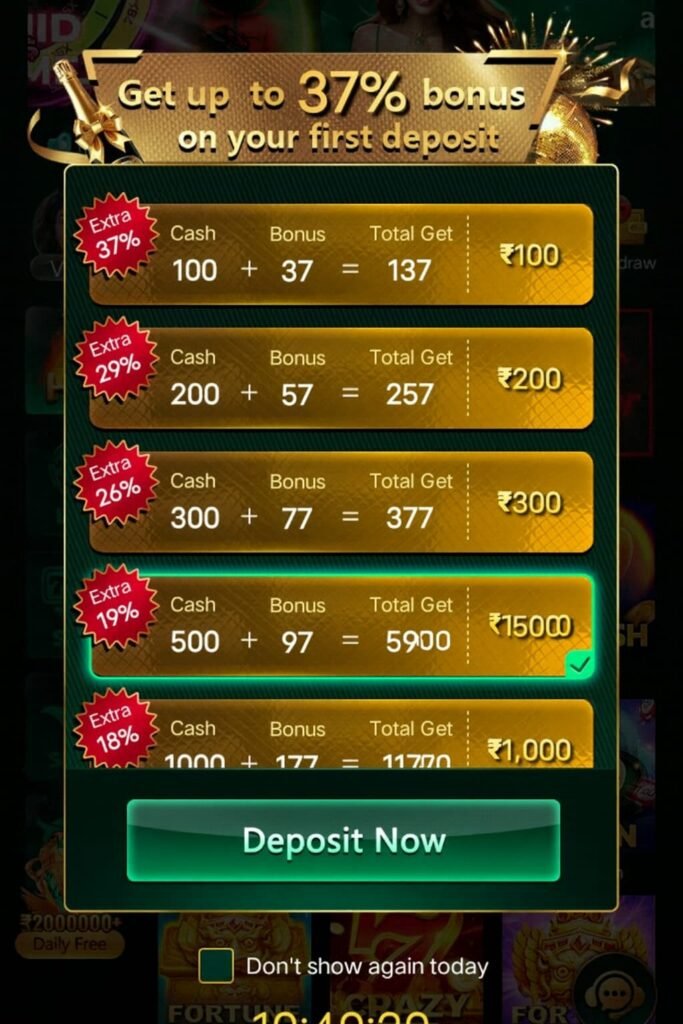 First deposit bonus screen on the bigowinapp offering up to 37 percent extra for new users.